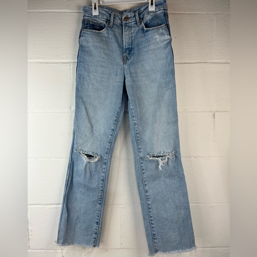 Good American Distressed Light Wash Straight Leg Jeans, 2/26